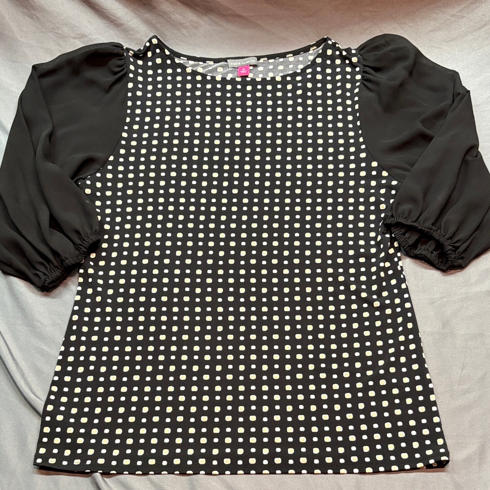 Vince Camuto Black and White‎ Polka Dot Blouse with Sheer Balloon Sleeves